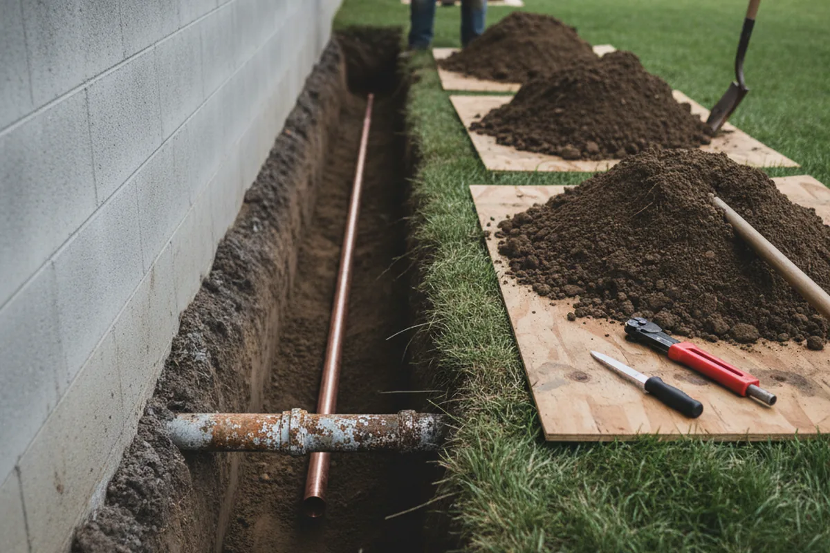 Excavated water line trench during Water Softener Installation in Mount Clare